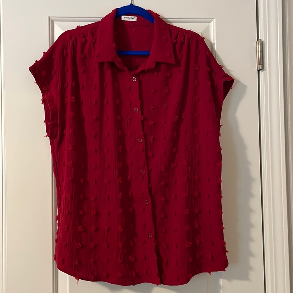 Women’s Red Puff Short Sleeve Button Down